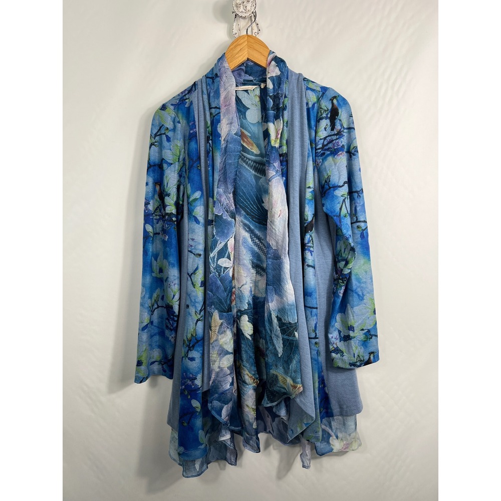 Soft Surroundings Blue‎ Floral Bird Open Front Cardigan Waterfall Hem S 28Z08